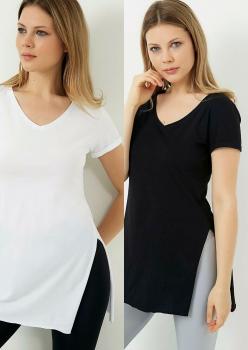 Kadın 2'li Paket V Yaka Yan Yırtmaçlı Siyah Beyaz Örme T-shirt 888-027