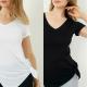 Kadın 2'li Paket V Yaka Yan Yırtmaçlı Siyah Beyaz Örme T-shirt 888-027 modeli