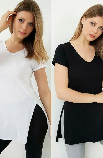 Kadın 2'li Paket V Yaka Yan Yırtmaçlı Siyah Beyaz Örme T-shirt 888-027 satın al