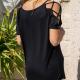 Kadın Siyah Omzu Çapraz Şeritli Salaş T-shirt SP-016 modeli