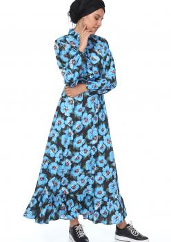 Mavi Çiçekli Yaka Fırfırlı Elbise